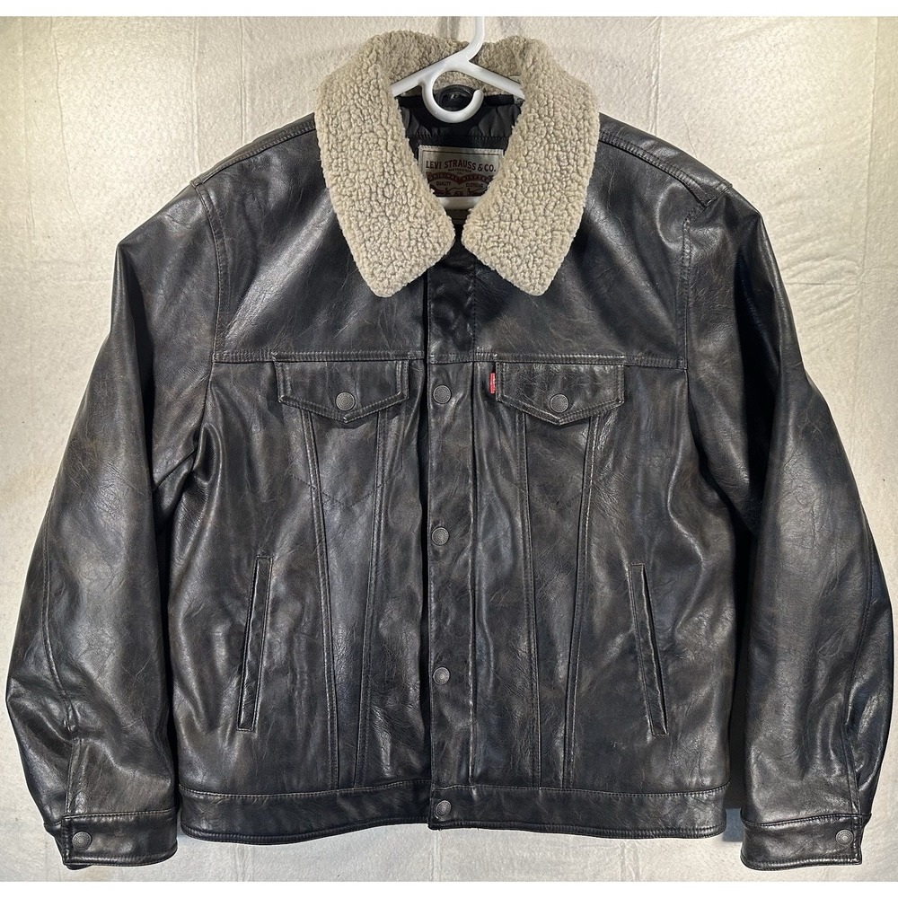 Levi's Men's Faux Leather Sherpa Trucker Jacket Dark Brown Large With Liner